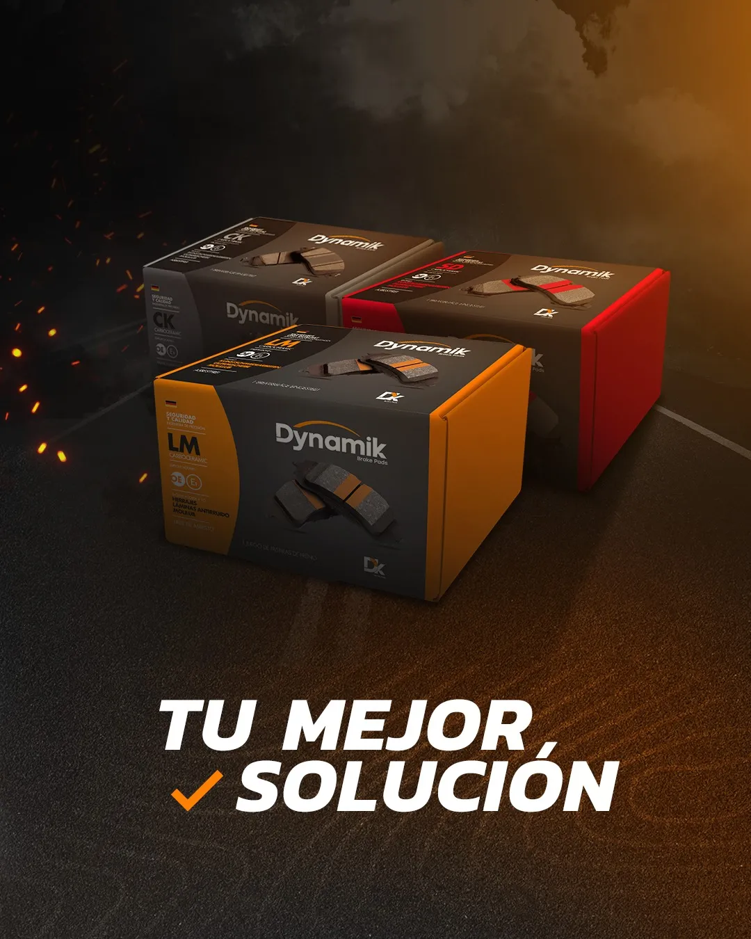 Cajas de pastillas de freno Dynamik en sus tres líneas — repuestos disponibles a domicilio en Cali